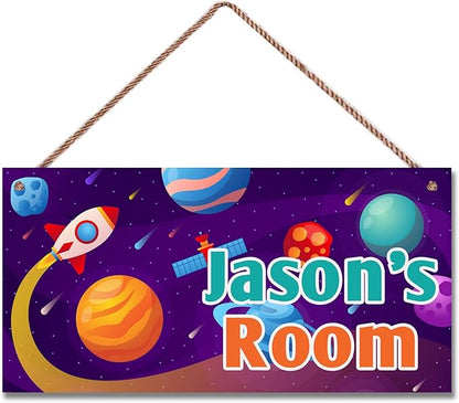 Personalized Rocket Sign Outer Space Themed For Kids Room Nursery Baby Playroom Door Decor,Custom Name Stars Satellite Wall Decor Decorative Plate for Boys Room Girls Bedroon