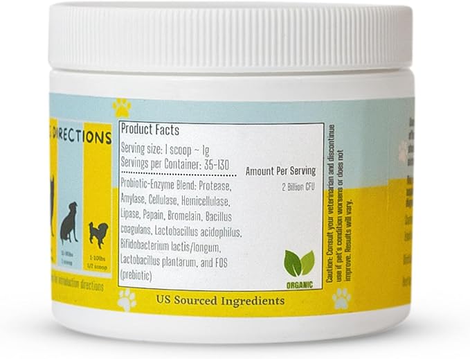 Dog & Cat Probiotics, Prebiotics, & Digestive Enzymes – Flavorless Powder for Gut Health, Allergies, Itchy Skin, Gas & Diarrhea – Organic, Vet-Approved – 65g Bottle (Up to 65 Servings)-Mewly Pet