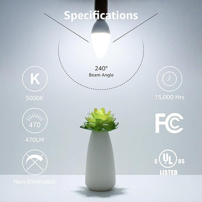 Lepro E12 LED Candelabra Light Bulbs, 5000 Kelvin Daylight White 5.5 watt, 40 watt Equivalent B11 C37 Ceiling Fan Bulb Chandelier Bulbs, Type B Small Base Candle Lights, Plastic, Not-dimmable, 3-Pack