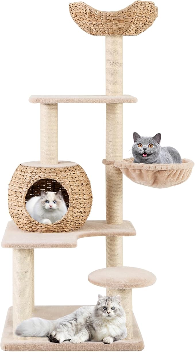 PETSITE 59 inch Cattail Cat Tree Tower, Multi-Level Cat Tower with Natural Sisal Scratching Posts, Condo, Basket, Top Perch and Jumping Platforms, Modern Tall Cat Tree for Indoor Cats-Mewly Pet