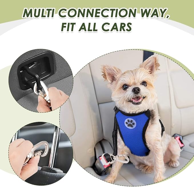 SlowTon Dog Seat Belt Harness for Car, Dog Car Harness Adjustable Mesh Breathable & Dog Seatbelt Safety Tether with Elastic Bungee for Small Medium Large Pets(Blue, Double Clip, L)-Mewly Pet