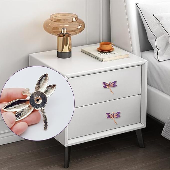 Lovely Dragonfly Cabinet Knobs Purple 4Pcs Animal Pull Single Hole Handle for Door Closet Drawer Cupboard Dresser Wardrobe Furniture Kitchen Modern Home Office