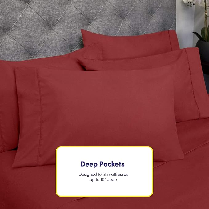 Full Size Bed Sheets - 6 Piece 1500 Supreme Collection Fine Brushed Microfiber Deep Pocket Full Sheet Set Bedding - 2 Extra Pillow Cases, Great Value, Full, Burgundy