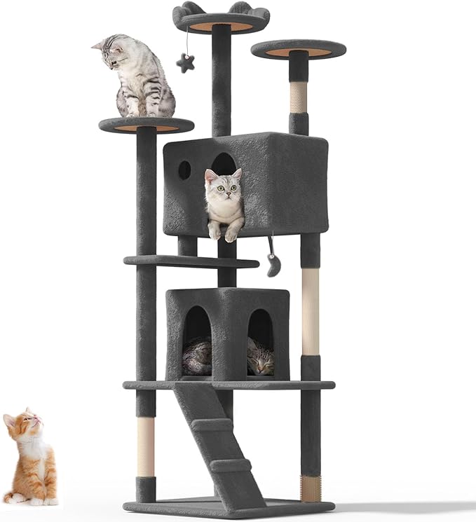 77'' Cat Tree Tower for Indoor Cats Large Adult, Cute/Tall Modern Cat Tree for Big Cats 20 lbs, Plush Multi-Level Cat Condo with Scratching Posts, Dangling Ball (Smoky Gray, 77 inch)-Mewly Pet