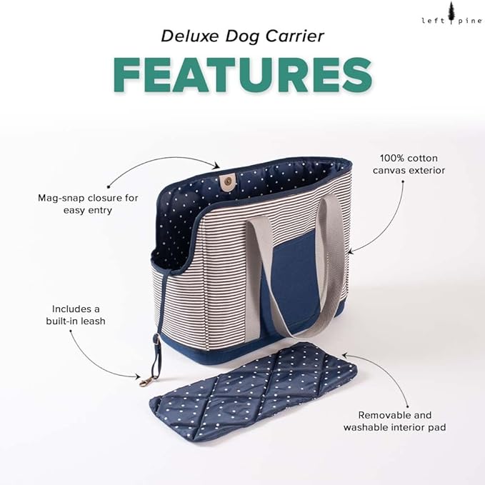 LeftPine x P.L.A.Y. Deluxe Dog Carrier Purse - Soft Sided Pet Travel Tote for Small Dogs & Puppies up to 16 Pounds - Built-in Safety Leash, Machine Washable Liner, Exterior Pocket (Navy Striped)-Mewly Pet