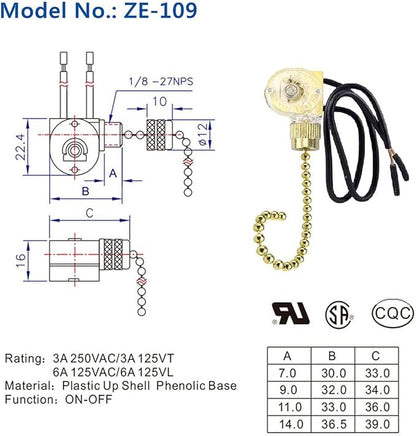 Pull Chain Switch Zing Ear ZE-109 Ceiling Fan Switch Ceiling Fan Light Lamp Replacement 2 Pack Brass