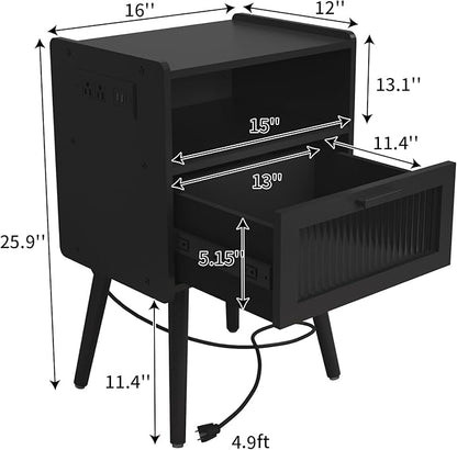 Mid Century Modern Nightstand with Charging Station, Bedside Tables with Glass Drawer, End Table Side Table with 2 Tiers Storage Space, for Bedroom, Living Room, Black