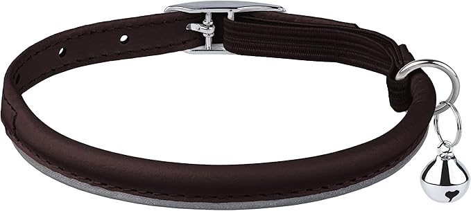 OOPSDOGGY Rolled Leather Cat Collar with Bell, Reflective Kitten Collars with Buckle Include Safety Elastic Strap - Adjustable Small Pet Collars for Boy Girl Cats (Dark Brown)-Mewly Pet