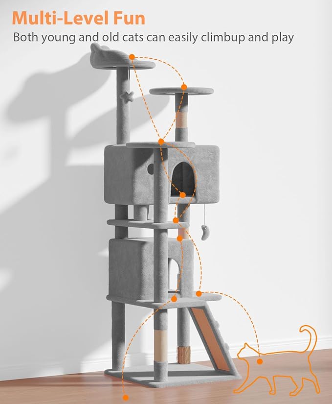 70'' Cat tree Tower for Indoor Cats Large Adult,Cute/Tall Modern Cat Tree for Big Cats 20 lbs,Plush Multi-Level Cat Condo with Scratching Posts,Dangling Ball for fun play(Light Gray, 70 inch)-Mewly Pet