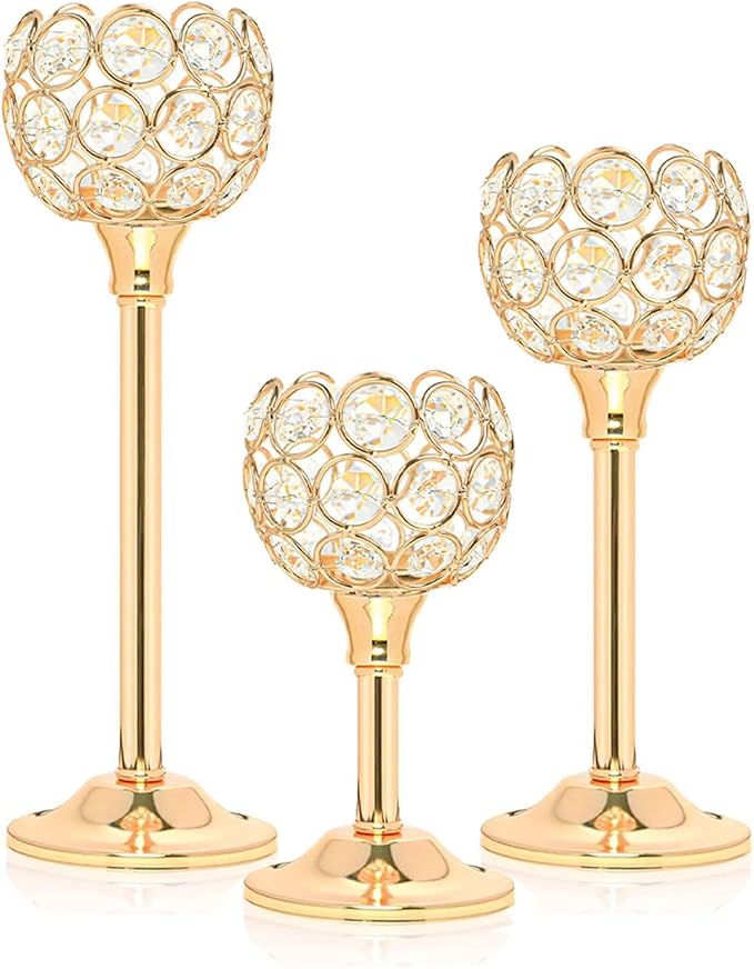Crystal Metal Tealight Candlestick, Bling Bowl Candelabras, Tall Crystal Votive Candle Holders Elegant Crystal Candle Centerpiece for Dining Table Wedding Decor (Set of 3, Gold)