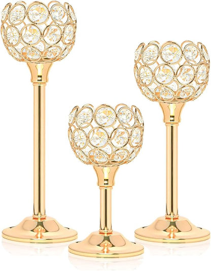 Crystal Metal Tealight Candlestick, Bling Bowl Candelabras, Tall Crystal Votive Candle Holders Elegant Crystal Candle Centerpiece for Dining Table Wedding Decor (Set of 3, Gold)