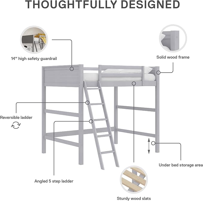 Dorel Living Denver Bed for Kids, Full Size Wood Frame, Gray Loft