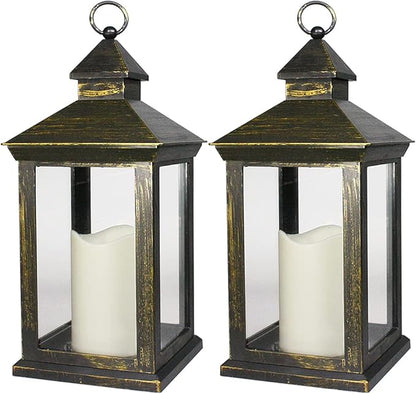 Bright Zeal 2-PACK 14 Inch Vintage Decorative Candle Lanterns With Timer - IP44 Waterproof Distressed Gold Decorative Outdoor Lanterns Battery Powered - Hanging Decorative Lanterns For Wedding Indoors