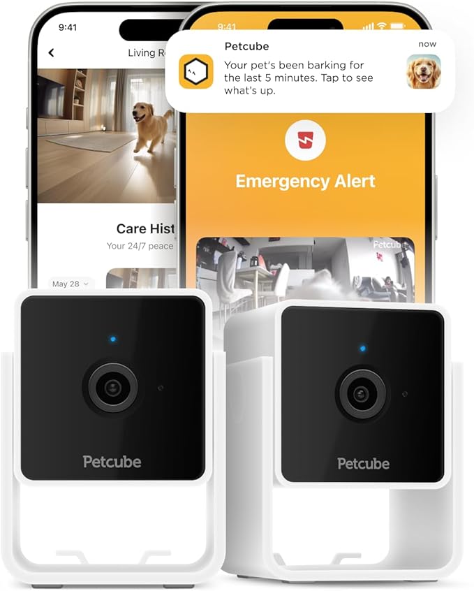 Petcube Cam The Pack of 2 | Indoor Wi-Fi Pet Security Camera with Phone App, 2-Way Audio and Video, Night Vision, 1080p HD Video and Smart Alerts-Mewly Pet