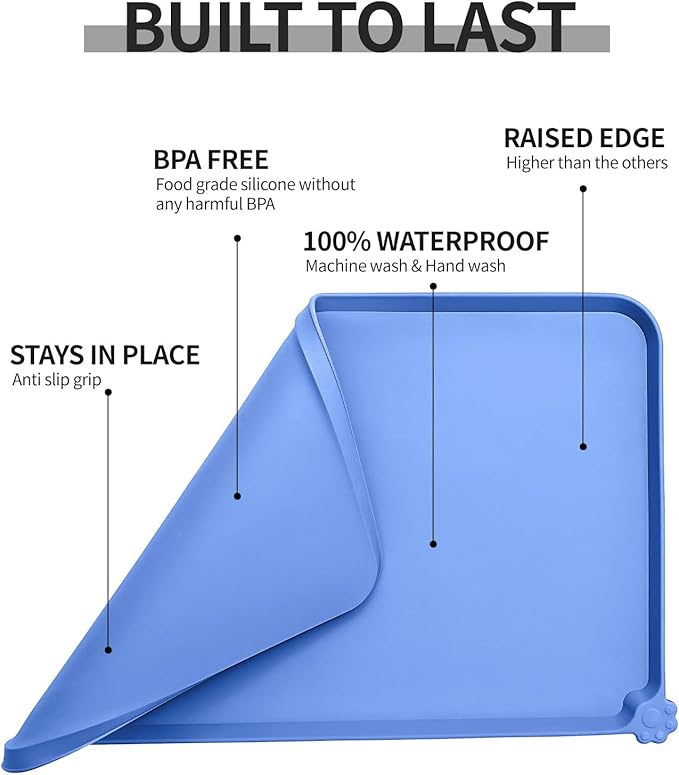 Waterproof Pet Feeding Mat with High Raised Edges, Heavier and Thicker Placemats for Cat Dog Water Bowl with BPA Free, Dogs Cats Food Mats for Messy Drinkers to Prevent Spill and Protect Floors-Mewly Pet