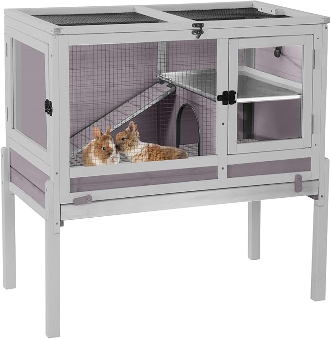 Aivituvin Rabbit Hutch with Stand Wooden Bunny Cage Indoor 2 Story Guinea Pig House with Anti Chew Ramp, No Leak Tray, Hideout, Wire Mesh (Gray)-Mewly Pet