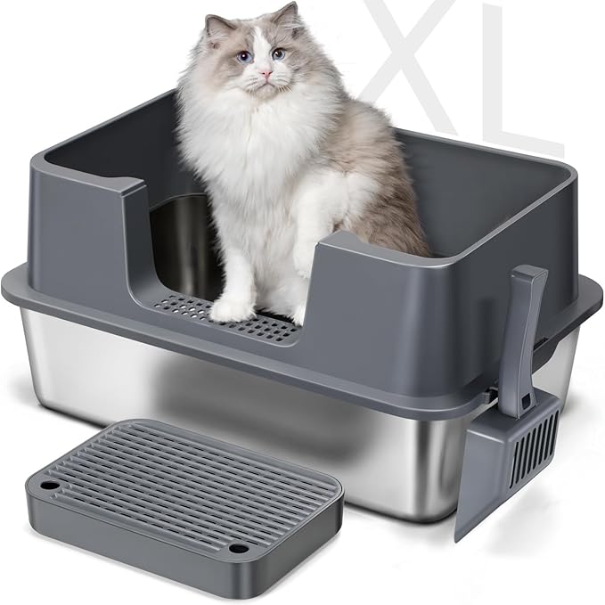 XL Stainless Steel Cat Litter Box with Lid – High Sides, Leak-Proof, Non-Stick Metal Litter Box for Large Cats – Easy to Clean, Includes Filter Pedal, Scoop & Cleaning Brush-Mewly Pet