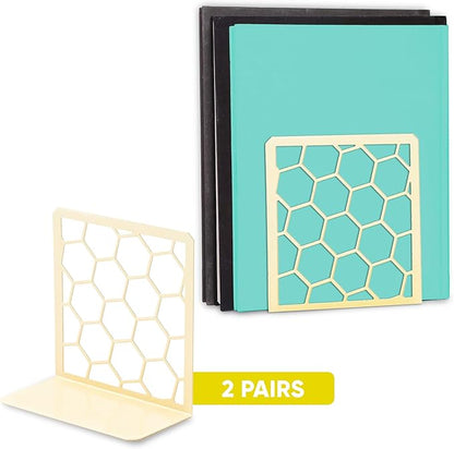 GEOMOD Geometric Honeycomb Yellow Metal Bookends Decorative - Tall Sturdy Book Ends for Shelves - Modern Heavy Duty Bookend Stopper - Office Shelf Book Holder - 6x3.25x6.25 Inches - 2 Pair