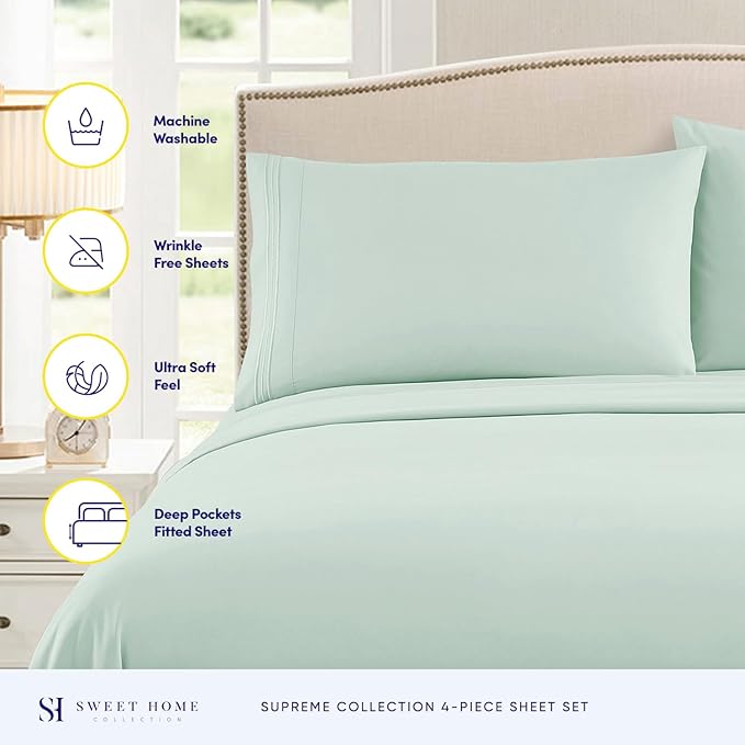 Twin XL Sheets - Breathable Luxury Sheets with Full Elastic & Secure Corner Straps Built In - 1800 Supreme Collection Extra Soft Deep Pocket Bedding Set, Sheet Set, Twin XL, Mint