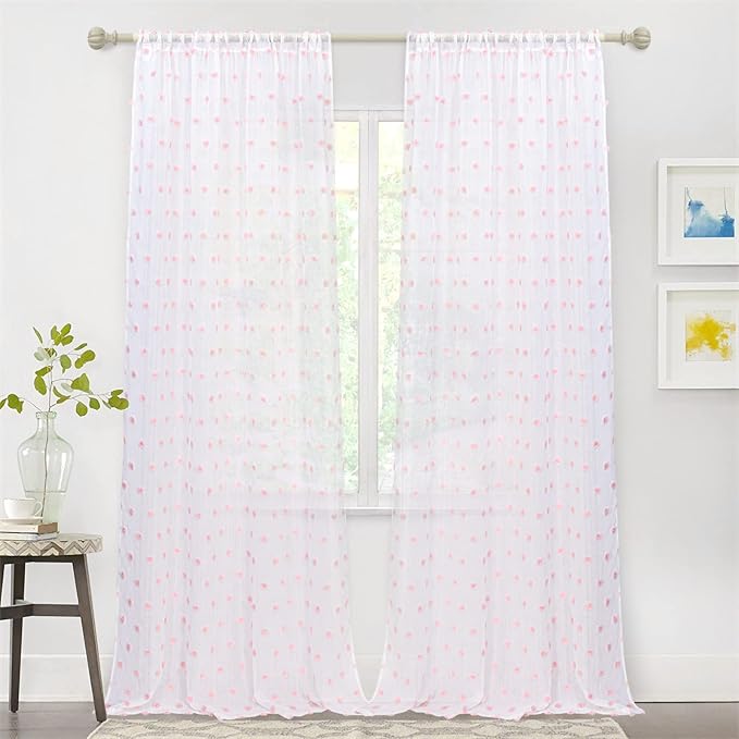 MYSKY HOME Living Room Curtains for Window 120 Inch Length Long Pink Pom Pom Curtains for Bedroom Set of 2 White Sheer Curtains Blush Farmhouse Rod Pocket Parties Backdrops 52" x 120"