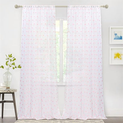 MYSKY HOME 95 Inch Pom Pom Sheer Curtains for Living Room and Bedroom - Baby Pink, White, Blush - Rod Pocket Window Backdrops for Large Sliding Door (38 x 95 in, Set of 2)