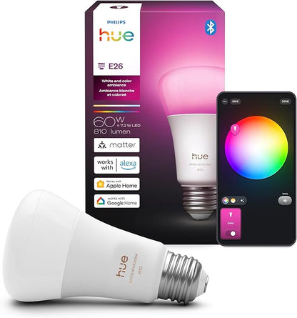 Philips Hue Smart LED A19 Bulb, White & Color Ambiance, E26 Base, 7.2W, Full Spectrum Light 1000K-20000K, 810 Lumens, Dimmable, Works with Alexa, Google, & Apple Home,1pk