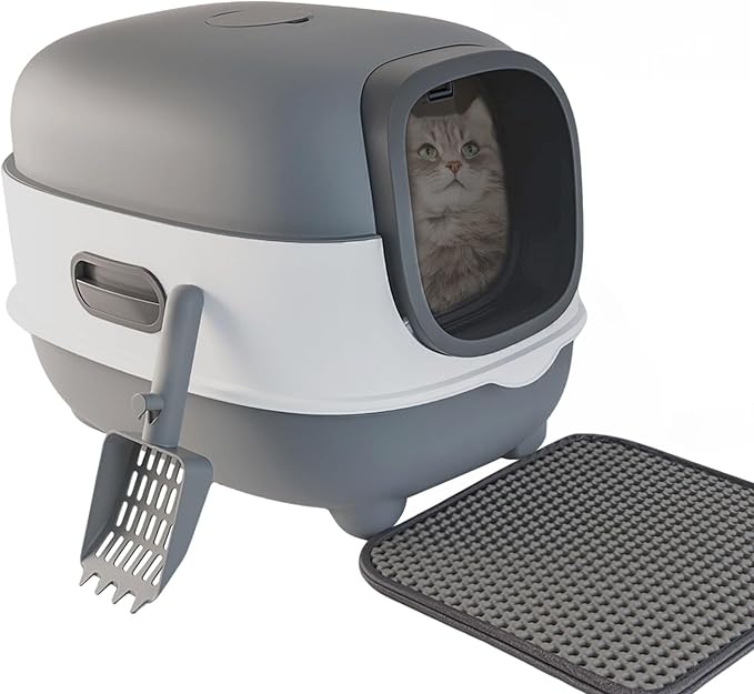 Large Cat Litter Box with Cat Litter Scoop, Foldable Litter Box with Lid, Front Entry and Exit Leak-Proof Litter Cat Box, Odor Control, Easy to Clean (Grey)-Mewly Pet