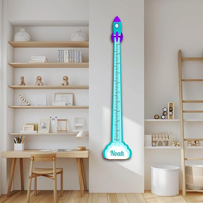 Personalized Growth Chart for Wall, Wooden Height Chart for Kids, Cute Height Measurement for Child/Girls/Boys, Baby and Toddler's Playroom/Kid's Room/Nursery Decor, Rocket