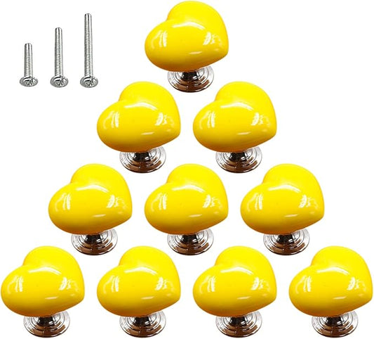 HUAMULAN 10PCS Heart Shape Glossy Ceramic Knobs Cabinet Dresser Pulls Door Handles Cupboard Wardrobe Drawer Backplate,Yellow