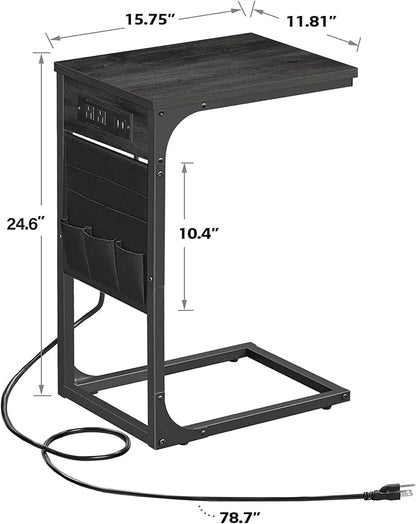TUTOTAK C Shaped End Table with Charging Station, Side Table for Sofa, Couch Table with Storage Bag, TV Tray Table with 2 USB Ports and Outlets for Living Room, Bedroom, TB01BY024
