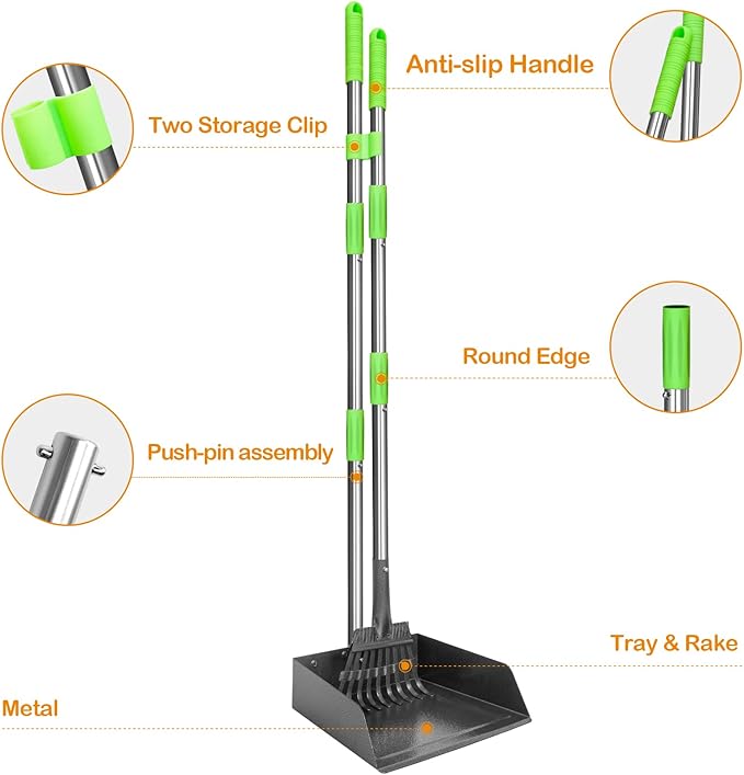 TOOGE Larger Pooper Scooper for Large Dogs, Dog Pooper Scooper Long Handle Stainless Metal Tray and Rake Set for Large Medium Small Dogs Heavy Duty (Green) (Extra Large)-Mewly Pet