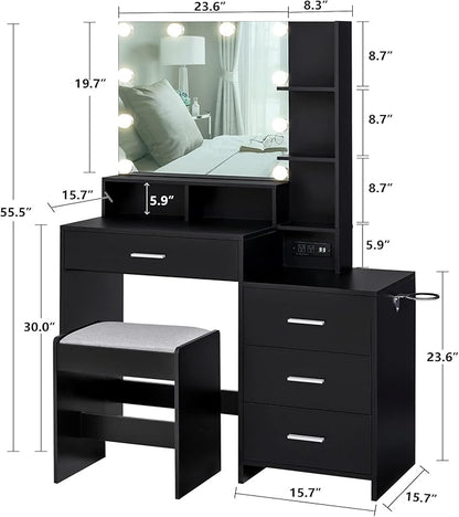 usikey Large Vanity Table Set with Lighted Mirror & Charging Station, Makeup Vanity Dressing Table with 4 Storage Shelves and 4 Drawers, Vanity Desk with 3-Drawer Chest and Cushioned Stool, Black