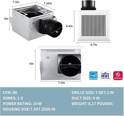 Tech Drive Very Quiet 80 CFM, 1.5 Sone No Attic access Needed Installation Bathroom Ventilation and Exhaust Fan with Humidity sensor