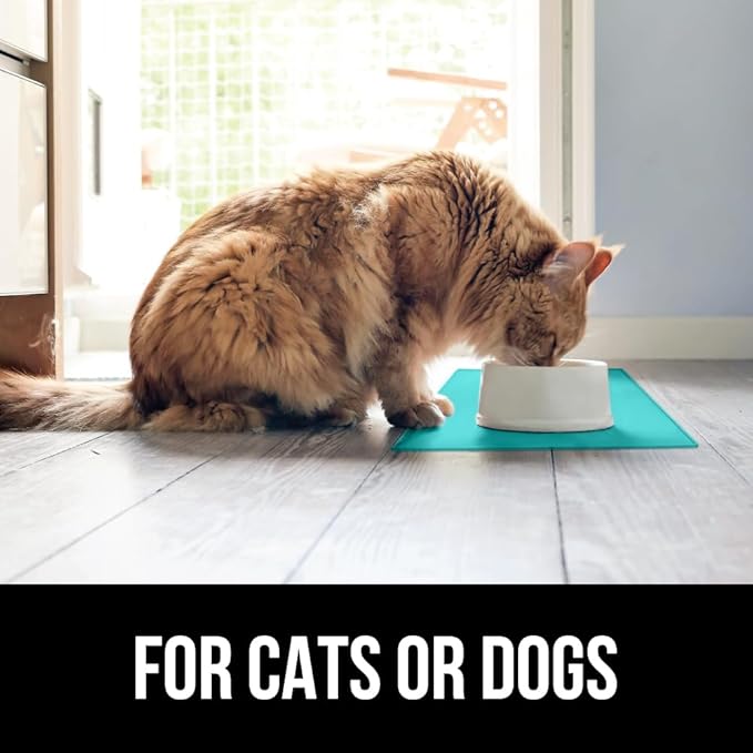 GORILLA GRIP 100% Waterproof Raised Edge BPA Free Silicone Pet Feeding Mat, Dog Cat Food Mats Contain Spills Protects Floors, Placemats for Cats and Dogs Water Bowl, Pets Accessories 23x15 Turquoise-Mewly Pet