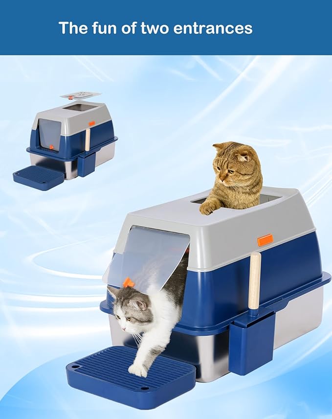 XL Stainless Steel Enclosed Litter Box with Covered for Indoor Cats, High Sides, Eliminates Odors, Easy Clean, Blue, FOXORU-Mewly Pet