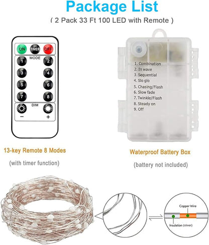 Homemory Red Halloween Fairy Lights Battery Operated with Remote, 2 Pack 33 Ft 100 LED Christmas String Lights, Waterproof 8 Modes Firefly Twinkle Silver Wire Lights for Bedroom Decor