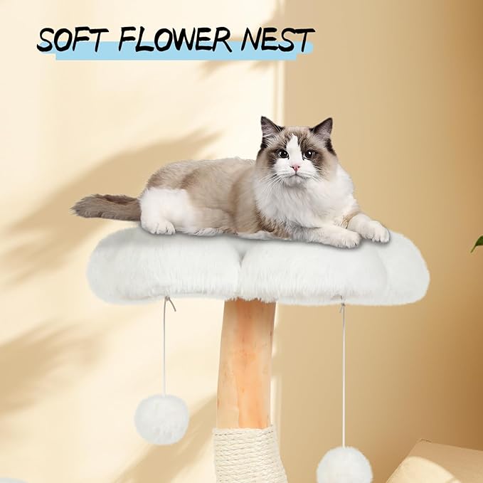 Cute Cat Tree Tower for Indoor Cats Adult, Wood Flower Cat Trees with 6 Pompoms, Modern Cat Tree Tower with Scratching Post, Aesthetic Luxury Cat Condo for Cats Kitten, Alpine White-Mewly Pet