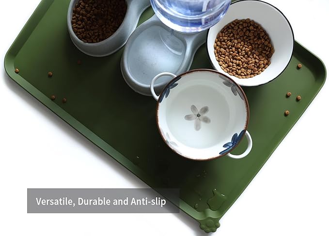 Hoki Found X-Large Silicone Pet Food Mats Tray - Non Slip Dog Cat Bowl Mats Placemat - Pet Feeding Mat - Waterproof Dog Food Mats -Pet Water Mats for Carpet -Dark Olive-Mewly Pet