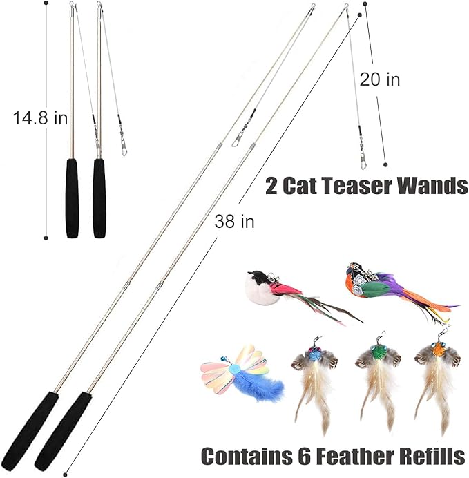 Interactive Cat Wand Toys Set, 2PCS Cat Teaser with 6 Replacement Birds, Feathers & Bells for Indoor Play-Mewly Pet