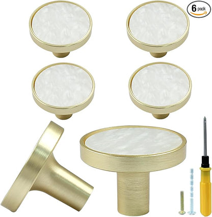 6 Pcs Gold Knobs for Dresser Drawers, Round Dresser Cabinet Knobs Pulls for Kitchen Cabinet Cupboard Door Furniture Decorative, White