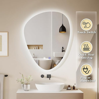 QDSSDECO Irregular LED Bathroom Mirror with Lights,Asymmetrical Led Bathroom Vanity Mirror for Wall with Front and Backlit, Anti Fog, 3 Colors and Dimmable Light, 22" x 28"
