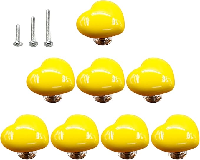 HUAMULAN 8PCS Heart Shape Glossy Ceramic Knobs Cabinet Dresser Pulls Door Handles Cupboard Wardrobe Drawer Backplate,Big Size Yellow