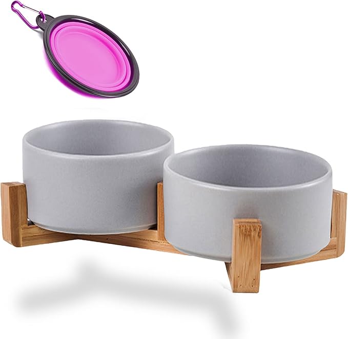 Petygooing Dog Bowls,Grey Ceramic Cat Dog Bowl Set with Wood Stand for Food and Water,Non-Slip Cute Modern Pet Dish Set for Cats and Medium Dogs (28OZ/6.1 in)-Mewly Pet