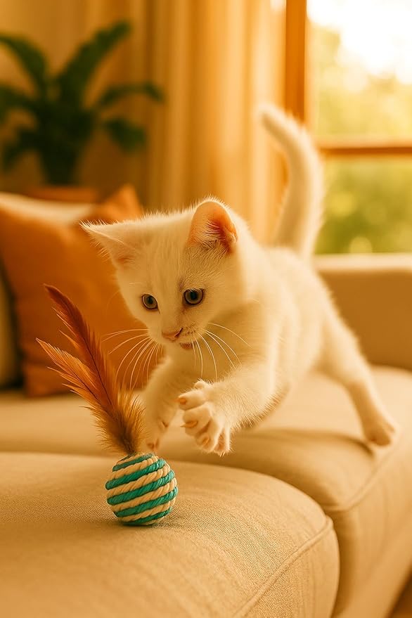 Ball for cat with Feathers - Balls for Cats – Natural Toy for Indoor Cats – Eco-Friendly, Durable, Interactive Play Balls for Kittens – Pet-Safe Chew & Scratch Toys (Sky Blue)-Mewly Pet