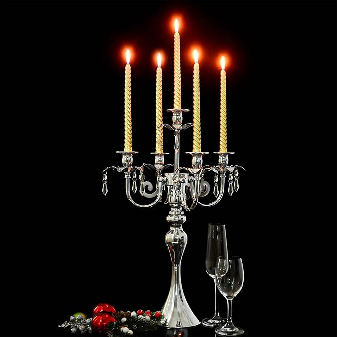 2 Pcs 20.3'' Tall 5 Arm Silver Candelabra Centerpiece for Table, Metal Crdystal Candle Holder, Retro Candlestick Table Centerpieces for Party, Events, Home, Wedding Decor (2, Silver)