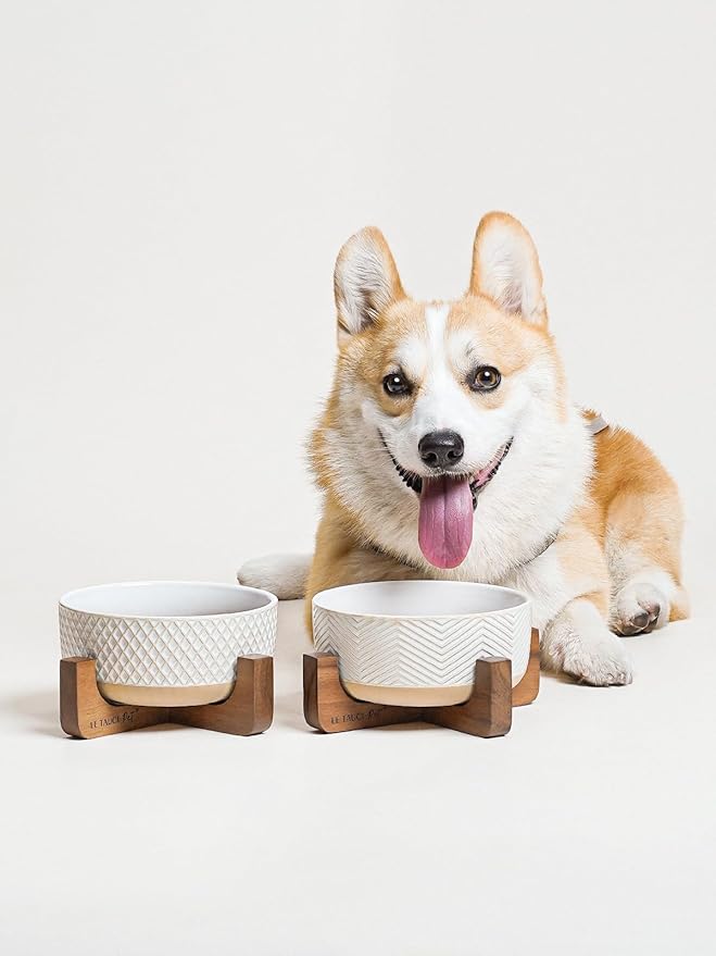 Ceramic Dog Bowl Set, 4 Cups Food and Water Bowl for Medium Small Dogs, Cute Pet Dishes with Wood Stand, Rhombus+Wave Design (Set of 2)-Mewly Pet