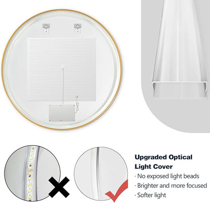 Niccy Round Led Mirror for Bathroom, 40" Backlit Mirror for Wall Circle Lighted Mirror with Gold Frame Anti-Fog, 3 Colors, HD Glass and IP65 Waterproof