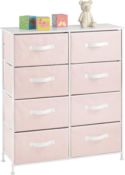 mDesign 38.31" High Steel Frame/Wood Top Storage Dresser Furniture, 8 Fabric Drawers, Large Bureau Organizer for Baby, Kid, Teen Bedroom, Nursery, Playroom, Dorm, Jane Collection, Pink/White