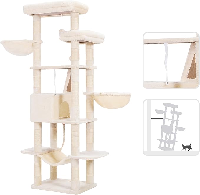Heybly Cat Tree, 68 inch Multi-Level Cat Tower for Indoor Cats, 2 Widened Plush Perches Cat Condo with Scratching Board and Big Caves, Beige HCT025M-Mewly Pet