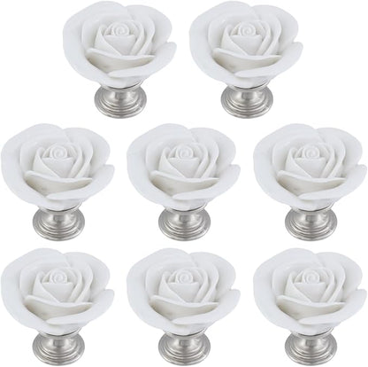 8PCS 1.65" × 1.54" White Rose with Base Knobs Ceramics Flower Shaped Pulls for Cupboard Drawer, with 2 Kinds of Screws